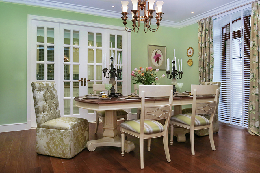 茉莉花园·双柱长餐桌-茶色面板+羊皮纸基座